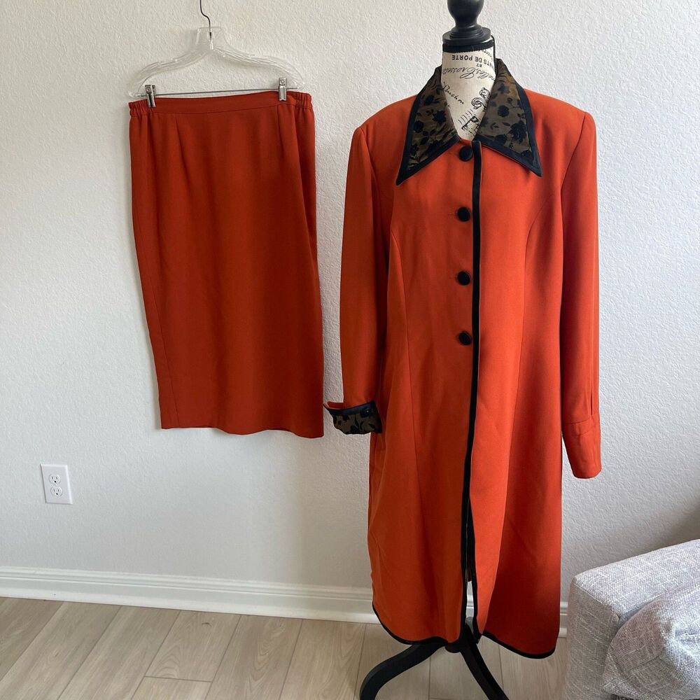 Chantelle Fashion‎ LTD 2 Pc Womens Orange Long Skirt & Coat Suit 18 Career Artsy